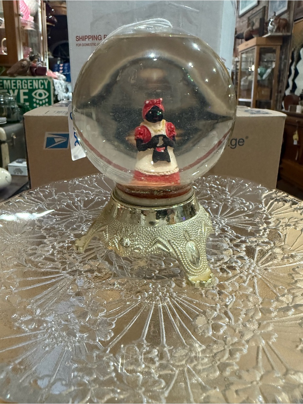 Holiday Glass Snow Globe with Gold Base - Red & Cream Figurine